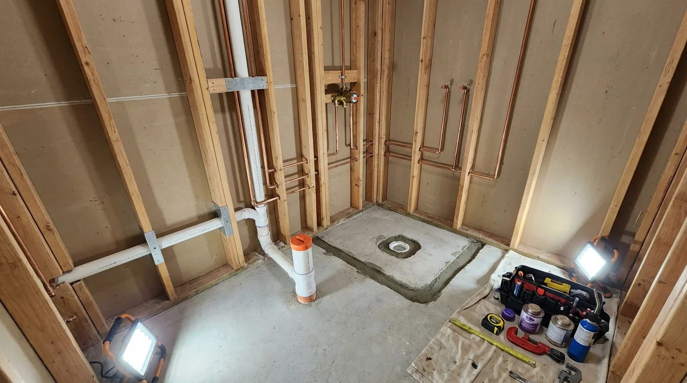 Bathroom rough-in plumbing during remodel by Johns Plumbing LLC in Coon Rapids