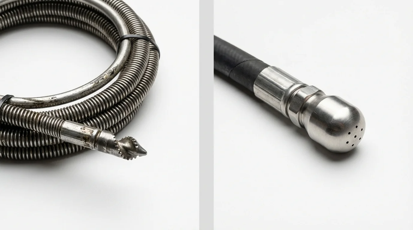 Drain snake cable and hydro jetting nozzle used for drain cleaning in Coon Rapids, IA