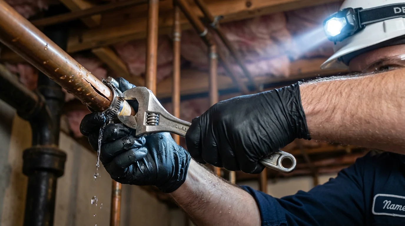 Emergency pipe clamp repair being performed by a Johns Plumbing LLC plumber in Coon Rapids