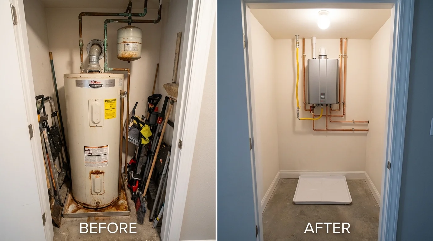 Tank water heater versus wall-mounted tankless unit comparison for Coon Rapids, IA homeowners