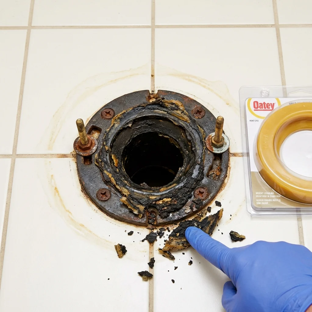 Failed wax ring showing water seepage at the base of a toilet in a Coon Rapids, IA home