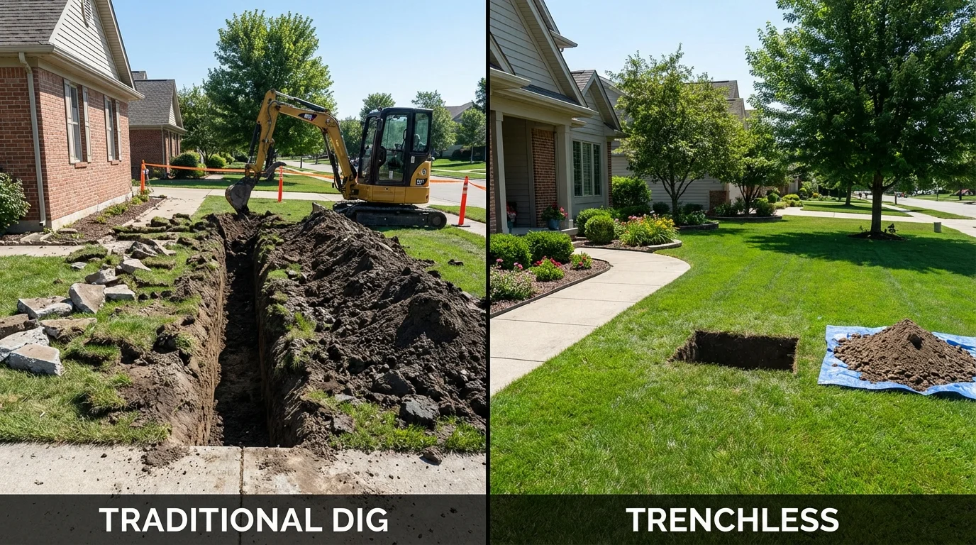 Trenchless sewer repair with minimal yard damage versus traditional excavation in Coon Rapids, IA