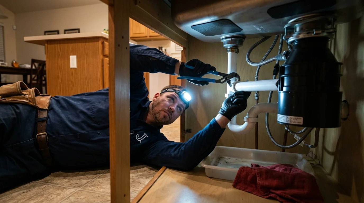 P-trap and supply line connections under a kitchen sink showing a common leak point in Coon Rapids, IA